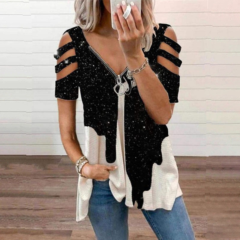 V-Neck Zip Pullover Print Short Sleeves