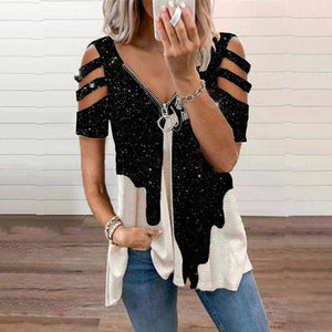 V-Neck Zip Pullover Print Short Sleeves