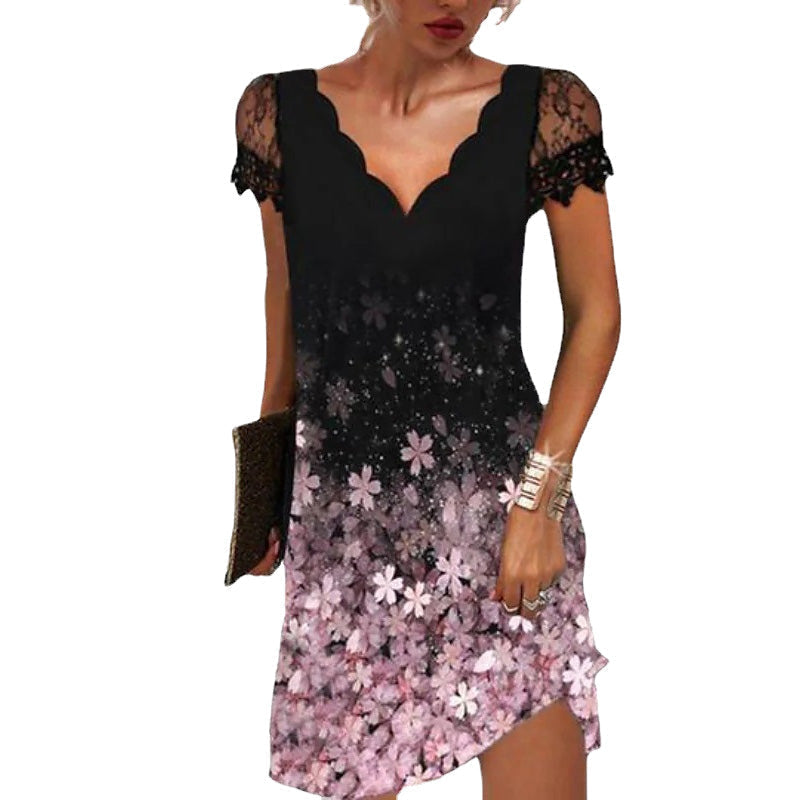 Women's V Neck Lace Short Sleeve Printed Dress