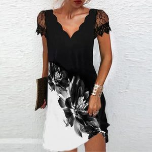 Women's V Neck Lace Short Sleeve Printed Dress