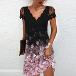 Women's V Neck Lace Short Sleeve Printed Dress