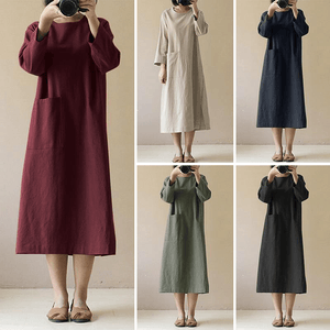 Vintage Cotton Linen Long Sleeve Dress