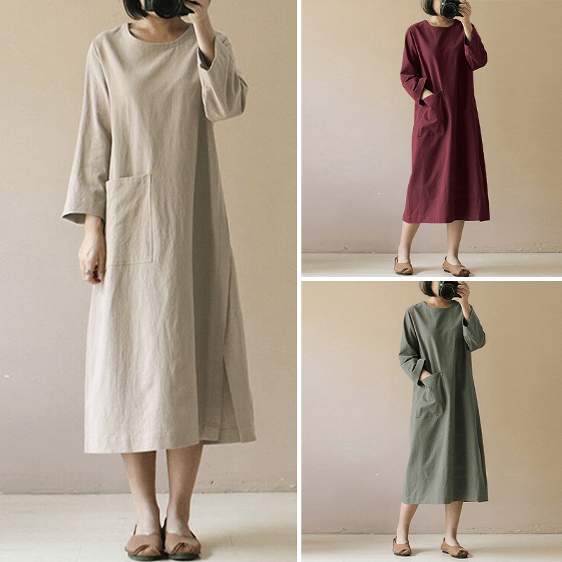 Vintage Cotton Linen Long Sleeve Dress