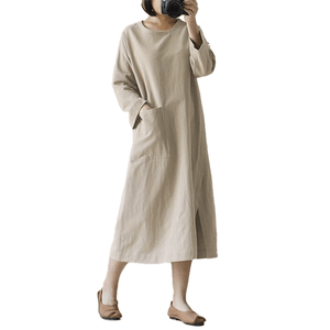 Vintage Cotton Linen Long Sleeve Dress