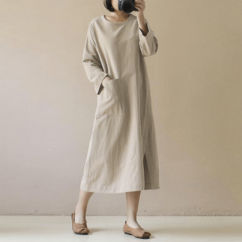 Vintage Cotton Linen Long Sleeve Dress