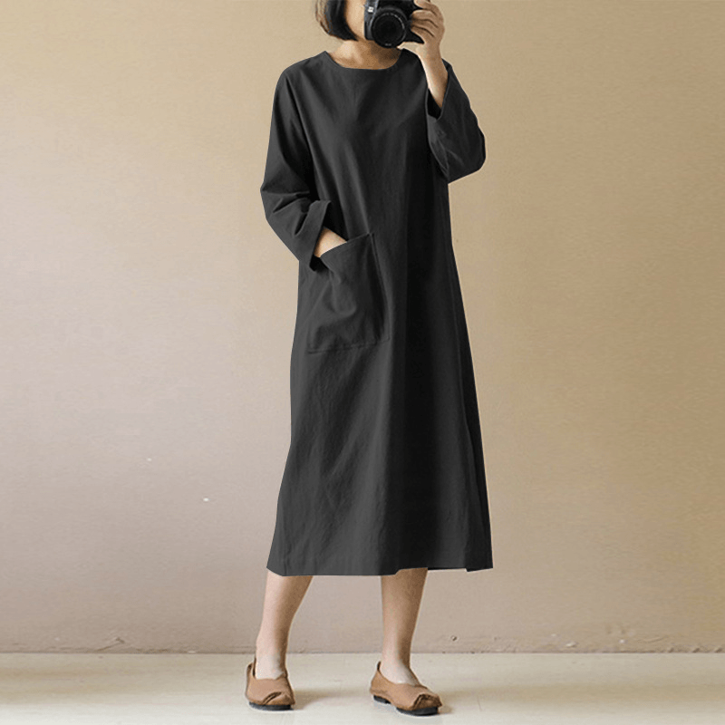 Vintage Cotton Linen Long Sleeve Dress