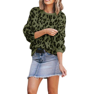 Women Long-sleeved Round Neck Solid Leopard Sweater