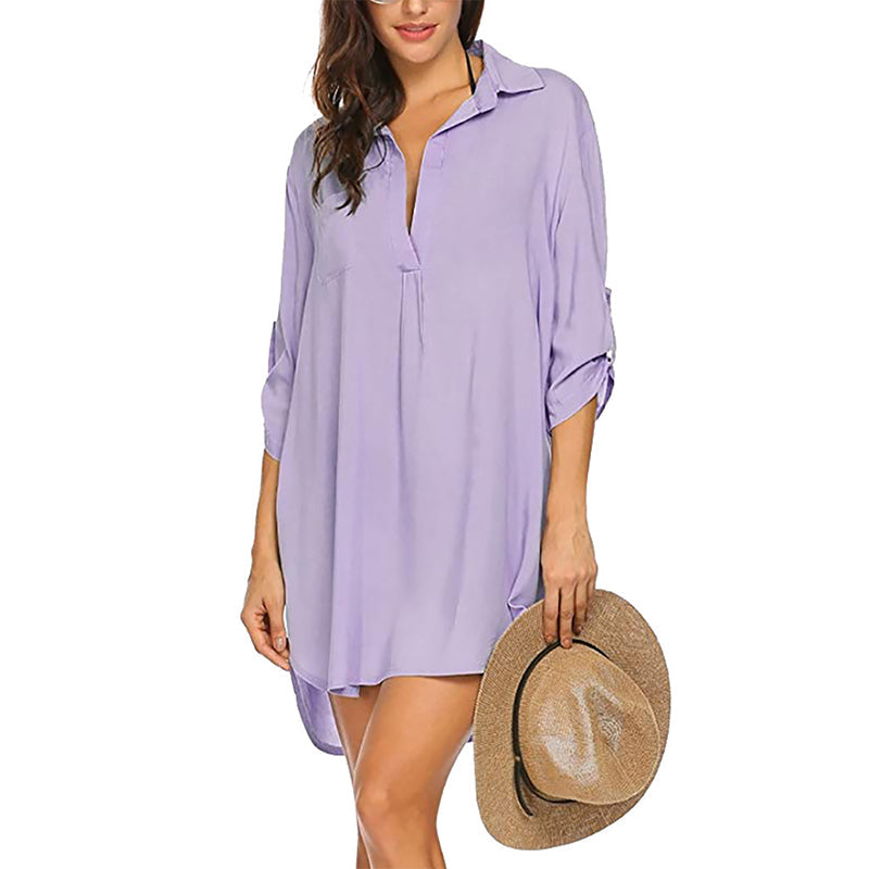 Women's Solid Color Sun Protection Shirt with Deep V-neck