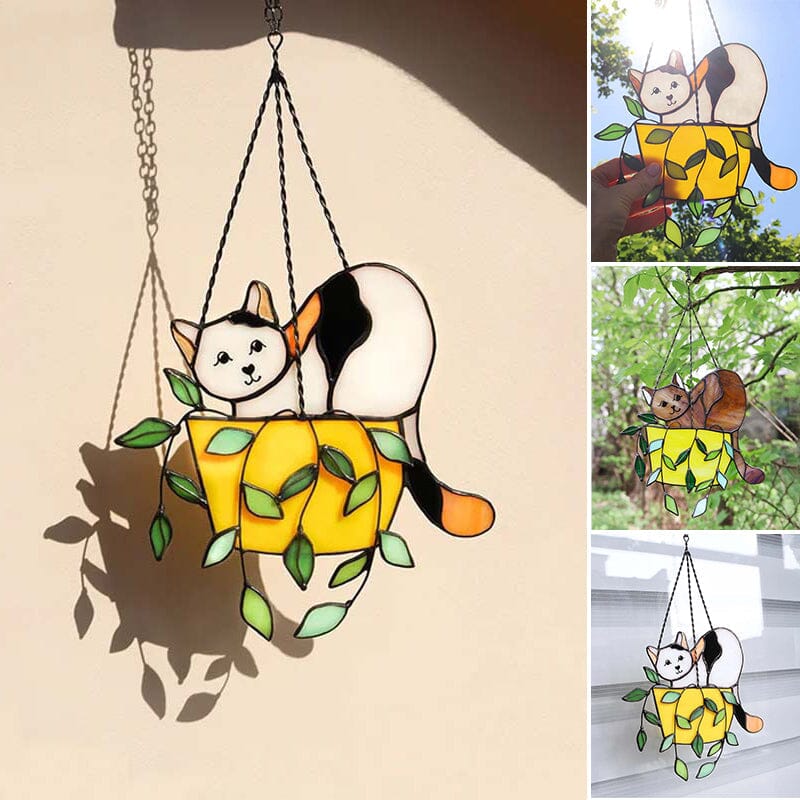 Cat in a flowerpot Suncatcher Stained Glass Window Hangins